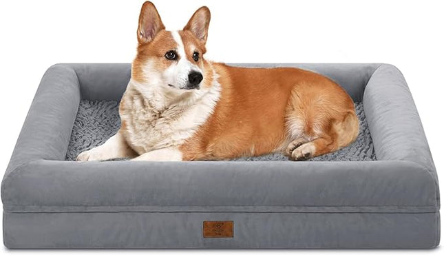 Large Dog Bed Orthopedic for Large Sized Dogs, Waterproof Dog Bed with Removable Washable Cover, Egg Crate Foam Pet Couch Sofa with Non-Slip Bottom, Grey