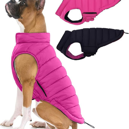 Lelepet Reversible Dog Coat Waterproof Dog Jacket Windproof Puffer Vest for Winter Warm Lightweight Coats for Large Dogs Adjustbale Hook & Loop Pet Apparel with Leash Hole, Pitbull, Rose Red, XL