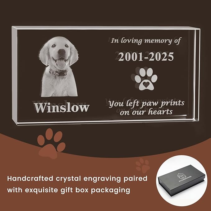 Crystal Pet Memorial Stone, Custom Laser Engraved Photo Remembrance Block with Gift Box, Pet Loss Sympathy Gift
