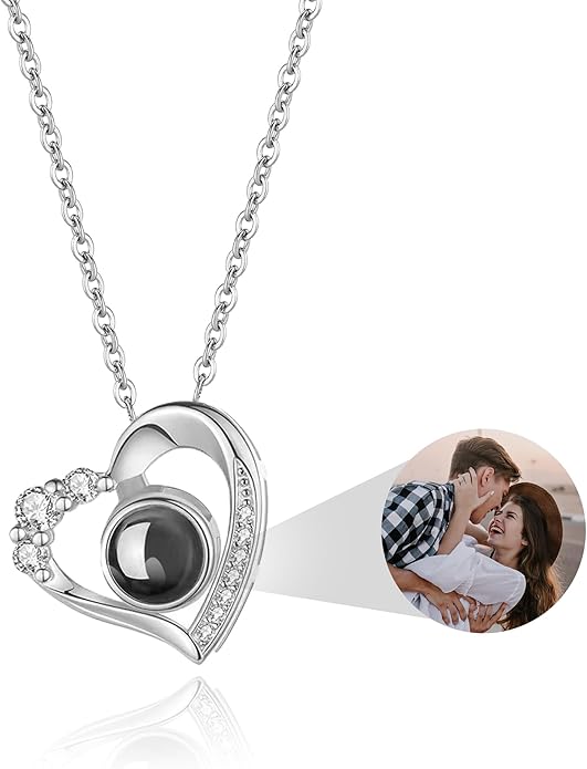 Easycosy Personalized Picture Necklace Projection Necklace with Photo Inside - Custom Photo Heart Pendant Necklace - Photo Gifts Valentines Birthday Love Memorial Gifts for Girlfriend Wife Women