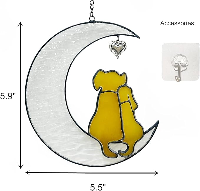 Stained Glass Dog Suncatcher, Window Hangings for Loss of Dog, Pet Memorial Gifts, Double Yellow Dogs on The Moon