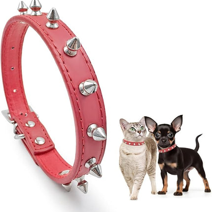 Enjoying Spiked Cat Collar, Leather Spikes Dog Collars for Cats Small Dogs, Adjustable Pet Collar with Rings, Red XS