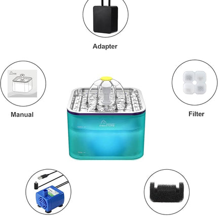 Crystal Cat Water Fountain Stainless Steel, 101oz/3L Pet Fountain with LED Light for Cats and Dogs (Green)