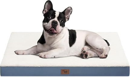 Plush Orthopedic Dog Bed for Medium Dogs & Puppies, Waterproof Dog Beds 30x20 Inch with Removable Washable Cover, Egg Crate Foam Flat Pet Mat, Blue White