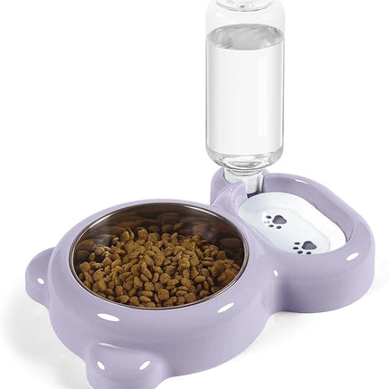Dog Bowls, Cat Food and Water Bowl Set with Water Dispenser and Stainless Steel Bowl for Cats and Small Dogs - Purple