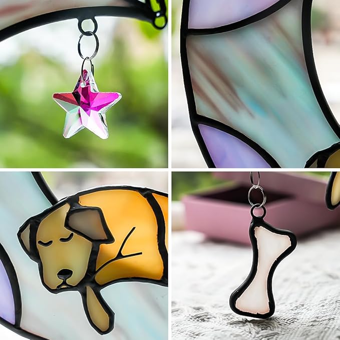 BOXCASA Dog Memorial Gifts Stained Glass Window Hangings,Dog on Moon Rainbow Bridge Decor Suncatchers,Dogs Bereavement Gifts for Loss of Pet,Loss of Pet Sympathy Gift for Pet Lover