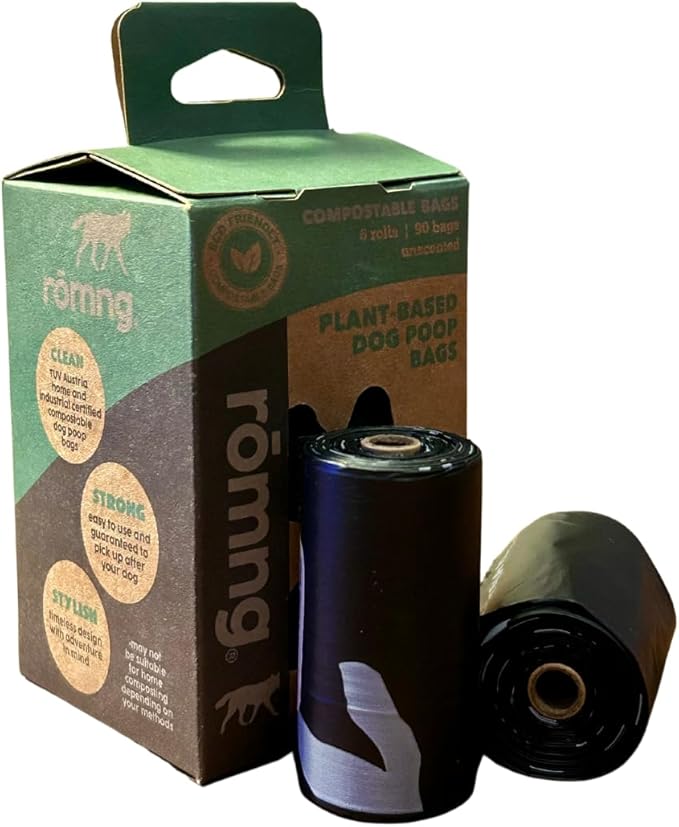 Compostable Dog Poop Bags, Plant-Based, TUV Certified, Unscented, Leak-Proof, 6 Rolls, 90 Bags, Black