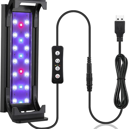 hygger 7W Full Spectrum Aquarium Light with Aluminum Alloy Shell and Plastic Extendable Brackets, White Blue Red LEDs, External Controller, for Freshwater Fish Tank (5-8.5 inch)