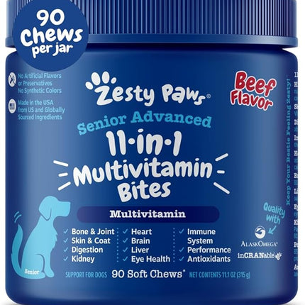 Zesty Paws Senior Dog Multivitamin Treats - Glucosamine for Dogs + Digestive Enzymes & Probiotics - Grain Free Dog Vitamins and Supplements for Skin & Coat + Immune Health Beef - Advanced - 90ct