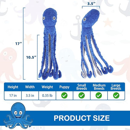 EXPAWLORER Octopus Dog Toy - Long Dog Squeaky Toys Puppy Birthday Gift Soft Stuffed Chew Toy, Crinkle Paper and Built-in Squeaker Durable Interactive Plush Toy for Small Medium Large Dogs, Blue