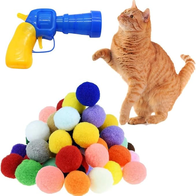 30 Pcs Soft Pom Pom Balls for Kittens with Cat Ball Launcher Toy, Interactive Plush Toy for Kitten Training and Play - Pet Products for Cats (3.0 CM with Bloster)