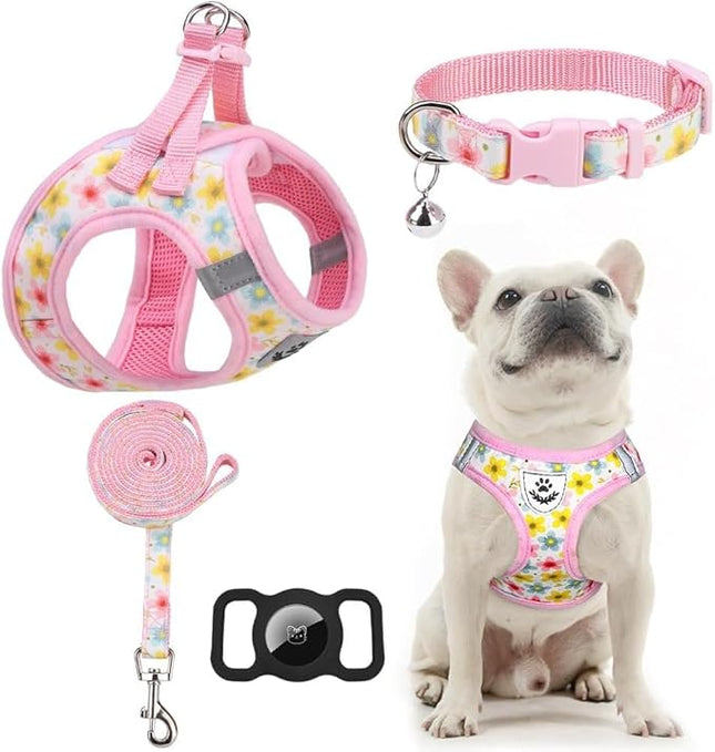 EXPAWLORER Small Dog Harness and Leash Set - Cute Puppy Harness Leash Dog Collar with AirTag Holder Silicone Case, Soft Padded Step in Pet Vest Reflective for Outdoor Walking, Floral XS