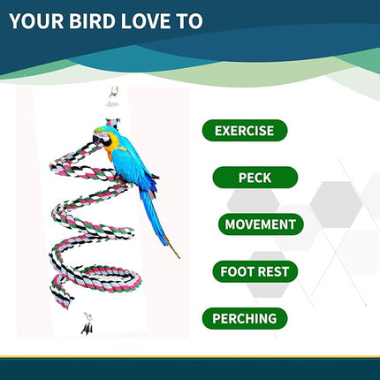 65 inch Length Colorful Cotton Bendable Rope Perch Swing Bird Chew Toys Amazon Parrots Cage Toys with Bell Swing Climbing Standing Bungee Bird Toys for Large to Regular Birds