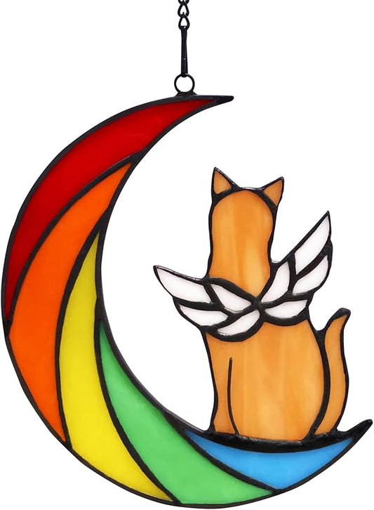 Orange Cat Memorial Gifts for Loss of Cat Mom Sympathy Bereavement, Rainbow Bridge Pet Memorial Gifts Stained Glass Window Hangings