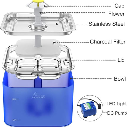 Crystal Cat Water Fountain Stainless Steel with 4 Filters and 4 Sponges, 101oz/3L Pet Fountain with LED Light for Cats and Dogs (Blue)