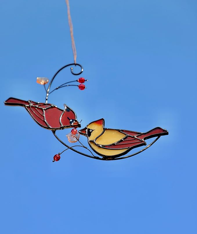 Handmade Cardinal Stained Glass Suncatcher Window Hanging Ornament for Christmas,Mother’s Day,Memorial Gifts,Red Birds Sun Catcher Decorative for Women, Mom, Grandma,Real Glass Unique Design