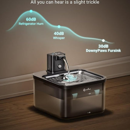 DownyPaws Cat Water Fountain Stainless Steel Cordless, 84oz/2.5L Fursink Wireless Pet Water Fountains for Cats Indoor, Battery Operated Cat Drinking Fountain, Ultra Quiet Pump, BPA-Free, Black