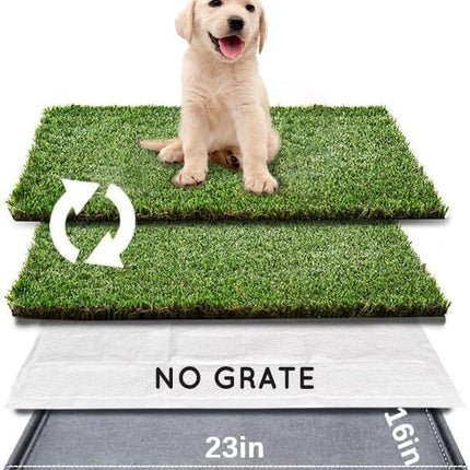 HQ4us Dog Grass Pad with Tray Small 23" x 16" Dog Litter Box Toilet for Puppy (No Grate) with 2×Artificial Grass for Dogs with Hemmed Edge, Pee Pads for Dogs, Realistic, Less Stink, Potty for Balcony