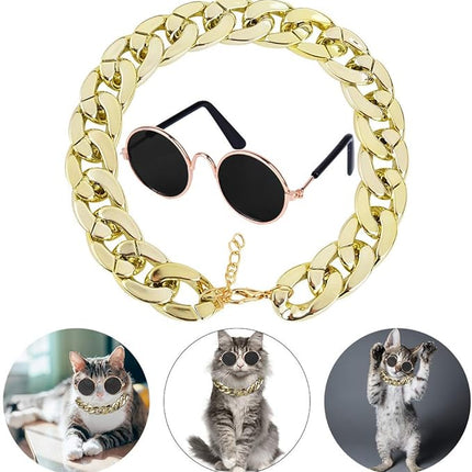 Legendog , 2pcs Fashion Cool Pet Sunglasses Adjustable Pet gold chain Set for Cats and Small Dogs