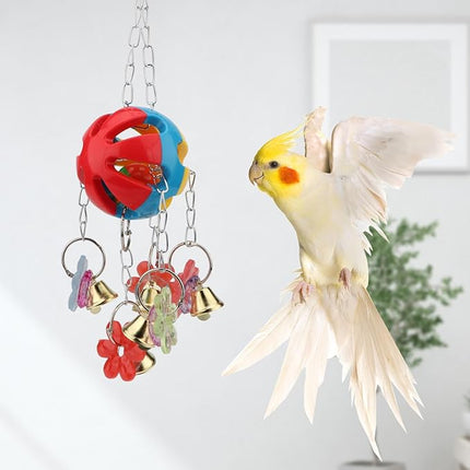 Hypeety Pet Parrot Toy Plastic Colorful Birds Ball with 1 Bell for Budgie African Grey Cockatoo Cockatiel Sun Conures 1 Ball with Plastic Flowers