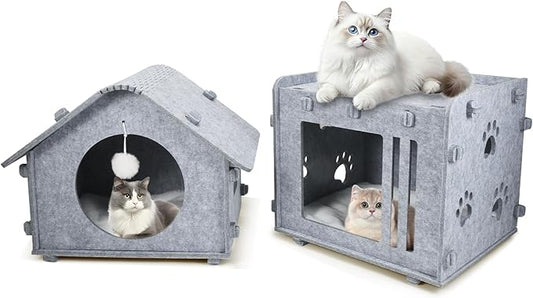 2-Storey Detachable Cat House for Indoor Cats Bed, Covered Beds & Furniture with Washable Cushioned, Cute Modern Condo for Multi Small Pet Large Kitten Kitty, Grey