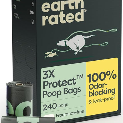 Earth Rated Odor-Blocking Poop Bags for Dogs with 3X Protect, Guaranteed to Block Smells & Leak-Proof Performance, Conceals Smell & Mess, Unscented, 240 Count