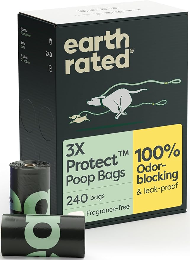 Earth Rated Odor-Blocking Poop Bags for Dogs with 3X Protect, Guaranteed to Block Smells & Leak-Proof Performance, Conceals Smell & Mess, Unscented, 240 Count