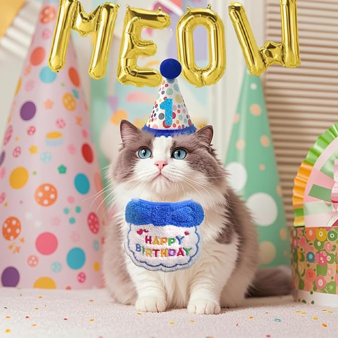 Cat Birthday Hat Decoration & Outfit Set - Adjustable Party Hat with Numbers, Bandana Bow Tie & Balloon Supplies for Cat Costume Photo Shoots(Blue/Pink) (Blue)