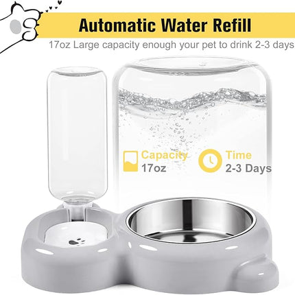 Dog Bowls, Cat Food and Water Bowl Set with Water Dispenser and Stainless Steel Bowl for Cats and Small Dogs - Grey