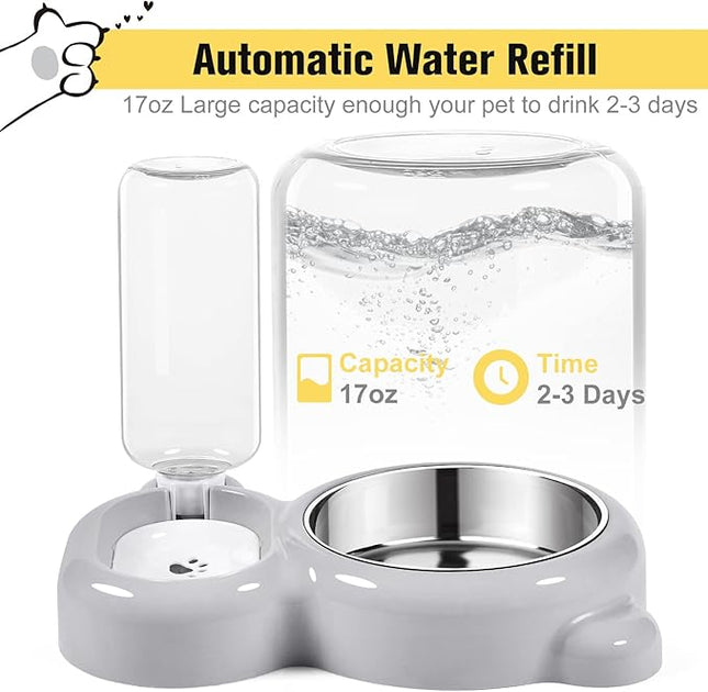 Dog Bowls, Cat Food and Water Bowl Set with Water Dispenser and Stainless Steel Bowl for Cats and Small Dogs - Grey