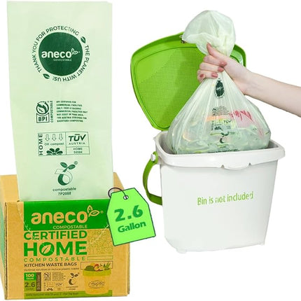 (Include 10 Bonus Bags) ANECO 100% Compostable Waste Bags 2.6 Gallon, Extra Thick Kitchen Small Compost Bags for Countertop Bin, 110 Count (100 + 10 Extra)
