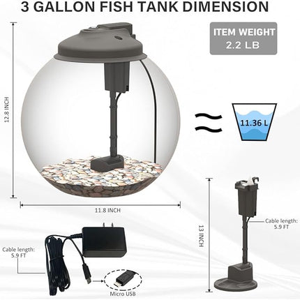 3-Gallon Fish Tank, Aquarium Starter Kit Includes Power Filter, LED Light with 5V Power Supply, and Full Hood, Ideal for Betta and a Variety of Tropical Fish, Impact-Resistant Plastic