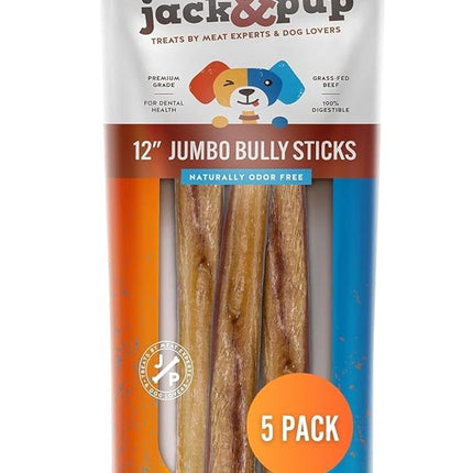 Jack&Pup 12 Inch Jumbo Bully Sticks for Dogs (5 Pack) Single Ingredient Dog Bully Sticks for Large Dogs and Aggressive Chewers