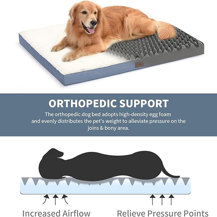 Plush Orthopedic Dog Bed for Medium Dogs & Puppies, Waterproof Dog Beds 30x20 Inch with Removable Washable Cover, Egg Crate Foam Flat Pet Mat, Blue White