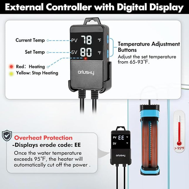 Orlushy 800W Submersible Aquarium Heater, Adjustable Fish Tank Heater with Digital Display External Controller, Overheat Protection and Free Thermometer for 80-175 Gallon Freshwater and Saltwater Tank
