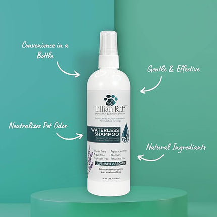Lillian Ruff Waterless No-Rinse Dog Dry Shampoo Spray with Hydrating Essential Oils - pH-Balanced Dry Shampoo for Dogs - Clean, Condition, Detangle & Deodorize Dry, Sensitive Skin (Lavender Coconut)