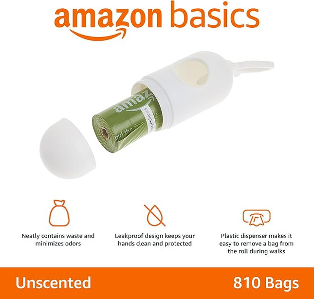 Amazon Basics Leak Proof Dog Poop Bags with Dispenser and Leash Clip, Unscented, 13 x 9 Inches - 810 Count (15 Bags per Roll, 54 Rolls)