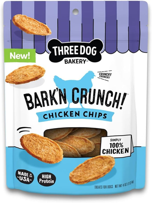 Three Dog Bakery Bark’N Crunch! Chicken Chips, Small 4oz, Crunchy Dog Treats, Single Ingredient, High Protein Snacks, Chicken Treats, Low Calorie Healthy Training Treat, Made in The USA