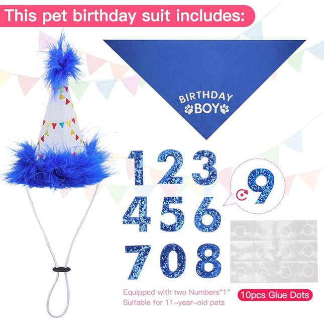 BINGPET Dog Birthday Party Supplies,Dog Birthday Hat Bandana Set,Soft Birthday Boy Triangle Scarf and Number Hat, Cute Birthday Party Supplies with 0-8 Figures for Small Medium Large Dogs Pets