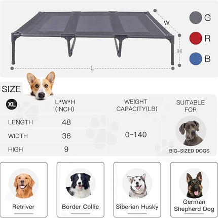 Suddus Elevated Dog Bed for Large Dogs 140lb, Breathable Cooling Raised Dog Cot with Dual Support Bars & Metal Frame, No-Slip Feet, Waterproof Pet Bed for Indoor/Outdoor, X-Large, 48 * 36 * 9in, Grey