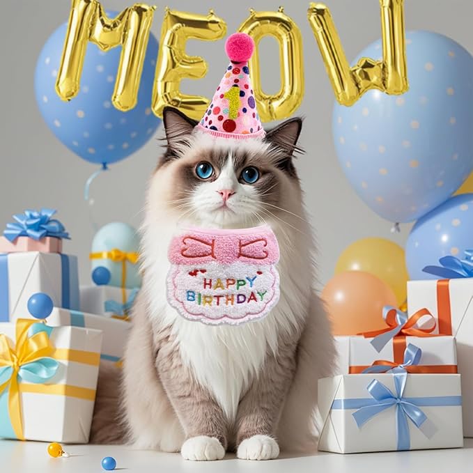 Cat Birthday Hat Decoration & Outfit Set - Adjustable Party Hat with Numbers, Bandana Bow Tie & Balloon Supplies for Cat Costume Photo Shoots (Pink)