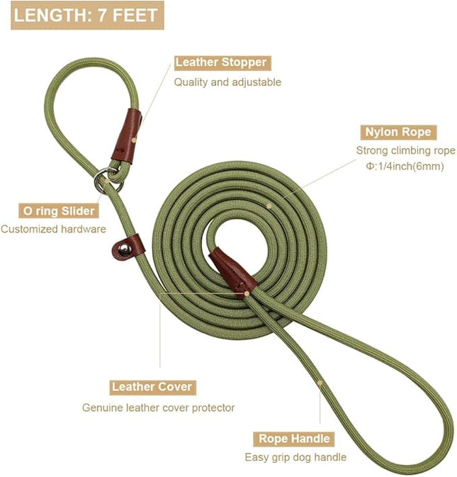 BTINESFUL 7FT Slip Lead Dog Leash, Lightweight Nylon Rope Leash, 1/4 inch Diam Dog Training Lead for Small Medium Large Dogs, Grass Green