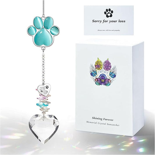 Pet Memorial Suncatcher - Dog Memorial Gifts, Pet Loss Sympathy, Thoughtful Dogs and Cats Bereavement Remembrance Gifts, Natural Cat's Eye Paw Crystal Suncatcher(Peacock Blue)