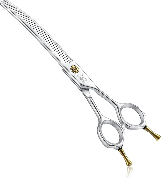 JASON Dog Thinners for Grooming - 7" Down-curved Blender Scissors with 30%-35% Thinning Rate, Japanese 440C Stainless Steel Dog Grooming Thinning Shears with Adjustable Screw (40 Teeth, Silver)