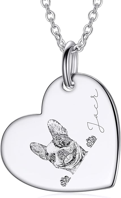 LONAGO 925 Sterling Silver Custom Dog Cat Portrait Photo Necklace Personalized Pet Engraved Picture Pendant Memorial Gift Name Jewelry for Women Mom