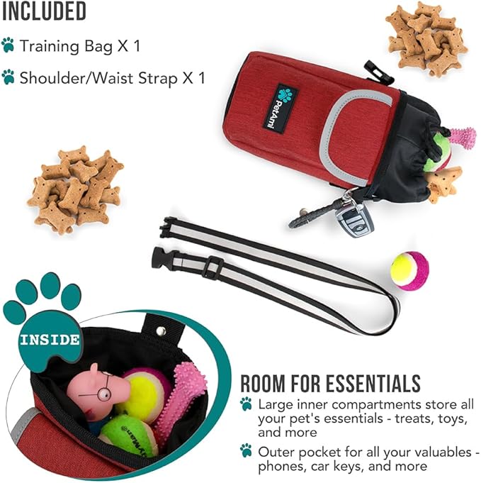 PetAmi Dog Treat Pouch, Large Pet Training Treat Pouch with Pocket, Dog Trainer Essentials Supply Holder with Poop Bag Dispenser, Training Bag for Kibbles Toys, 3 Ways to Wear (Red)