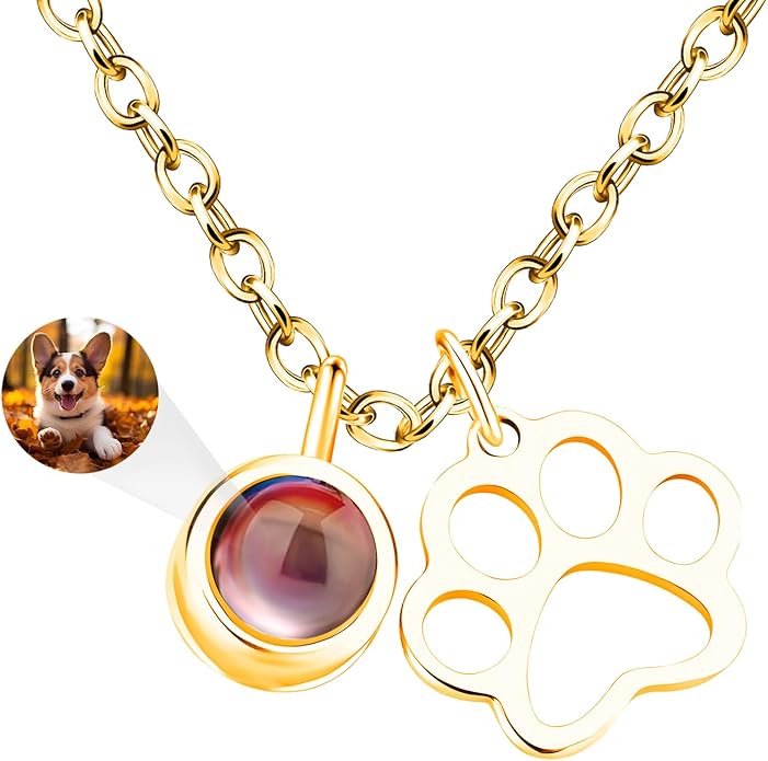 Personalized Picture Necklace with picture inside Custom Projection Necklace Cat/Dog Paw Print Pet Memorial Necklaces for Pet Lovers, Photo Gifts for Anniversary Dog Lovers