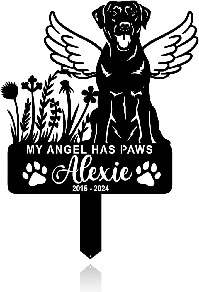 Personalized Dog Memorial Grave Marker, Custom Pet's Name Cemetery Decorations for Funerary, Metal Dog Burial Garden Stake, Outdoor Sympathy Angel Handstone Stake Plaque Gift for Loss