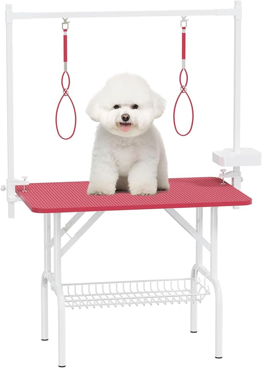 VFK 36''/47''Large Dog Grooming Table, Foldable Pet Station at Home, Dog Grooming Table,Adjustable Cat Drying Desktop with Arms, Nooses, Mesh Tray (Basic pet Table, 36" Pink)