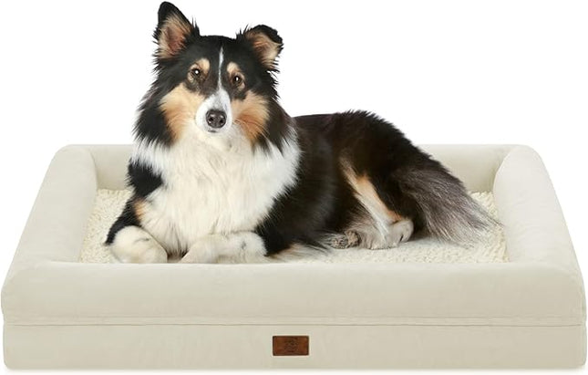 Large Orthopedic Dog Beds, Waterproof Dog Bed with Removable Cover, 4-Sides Removable Bolster Pet Soft Sofa with Nonskid Bottom, Washable Pet Beds for Large Dogs, Beige